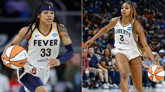 A side-by-side image of Destanni Henderson playing for the Indiana Fever and DiDi Richards playing for the New York Liberty.